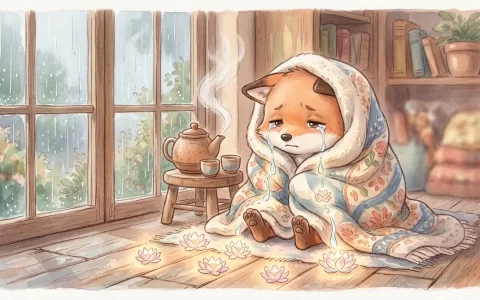 疲惫的小狐狸裹着温暖毛毯在雨夜窗前痛快哭泣，泪水化作莲花，获得彻底的身心疗愈