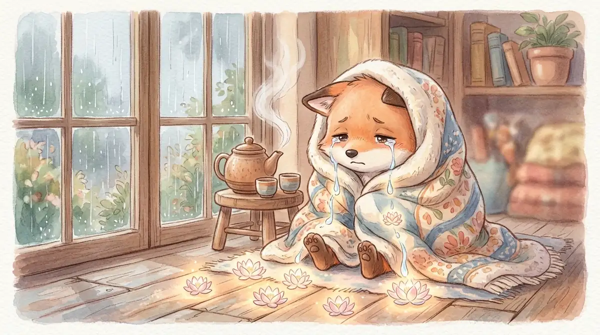 疲惫的小狐狸裹着温暖毛毯在雨夜窗前痛快哭泣，泪水化作莲花，获得彻底的身心疗愈