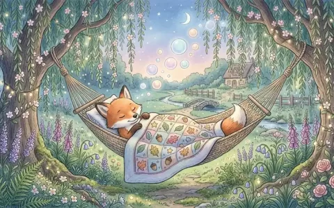 小狐狸在繁花似锦的秘密花园吊床中沉沉深睡，疲惫化作梦幻泡泡消散，获得彻底身心重置