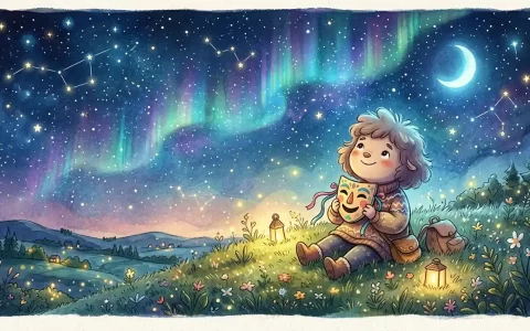 摘下假笑剧场面具的人物坐在繁星草地上仰望璀璨星空极光，找回本真自我的内在意义感