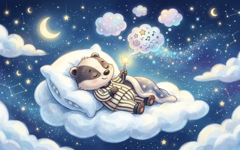 在深邃静谧的蓝调星空下，一只穿着条纹睡衣的小獾安详地躺在巨大蓬松的云朵枕头上，用小星光棒轻轻戳破浮动纷乱的思绪气泡，安然进入甜美梦乡