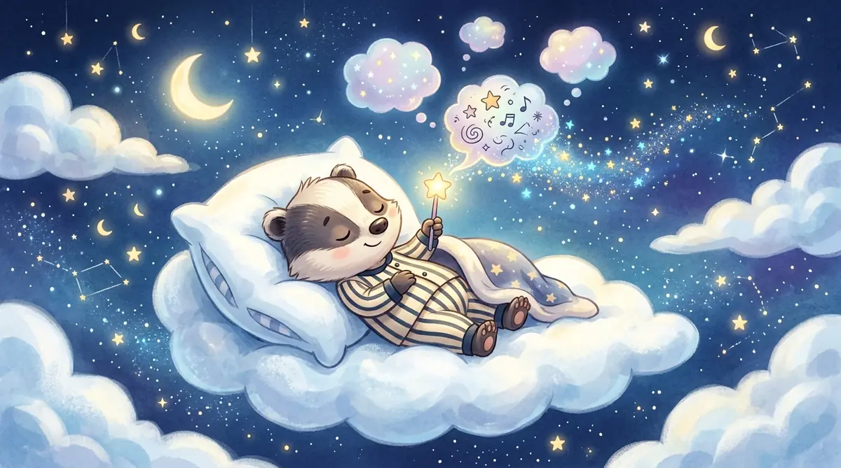 在深邃静谧的蓝调星空下,一只穿着条纹睡衣的小獾安详地躺在巨大蓬松的云朵枕头上,用小星光棒轻轻戳破浮动纷乱的思绪气泡,安然进入甜美梦乡