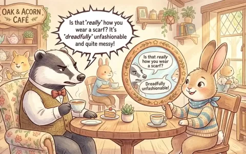 咖啡馆里聪明温和的小兔子举起幽默的小镜子，巧妙从容反弹挑刺者的评头论足