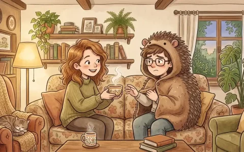 穿着刺猬斗篷的人物坐在沙发上面对伴侣的温暖茶水，内心充满渴望与犹豫