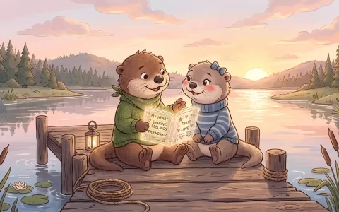 两只可爱的小水獭并肩坐在湖边木栈桥上，其中一只翻开散发温暖柔和心声光芒的画册，坦诚温柔地倾心交谈