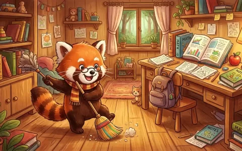 温馨整洁的学生书房里，桌上摊开着数学厚教材，一只戴着眼镜的小熊猫学生却满脸认真地挥舞小鸡毛掸子扫灰尘、用小扫把扫地板，令人忍俊不禁