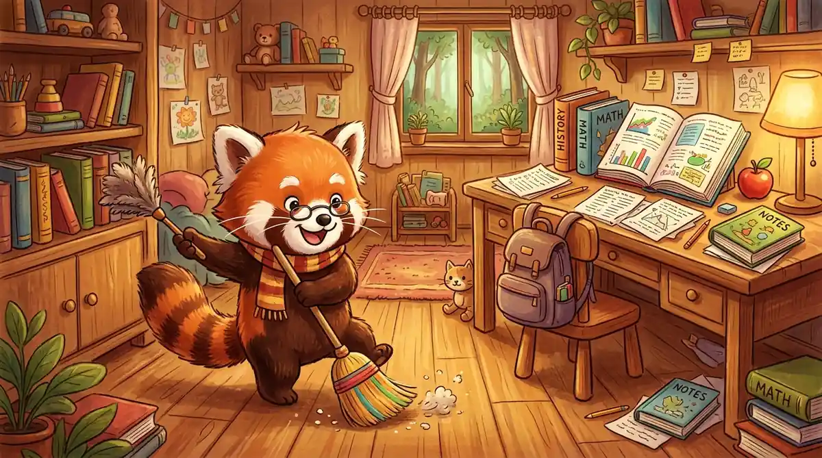 温馨整洁的学生书房里,桌上摊开着数学厚教材,一只戴着眼镜的小熊猫学生却满脸认真地挥舞小鸡毛掸子扫灰尘、用小扫把扫地板,令人忍俊不禁