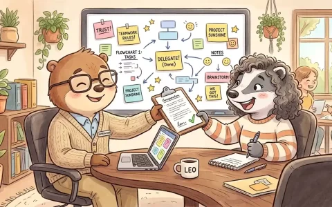 新手管理者授权焦虑与角色蜕变卡通场景插画