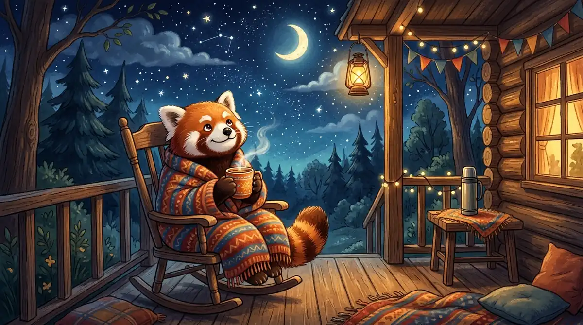 庆典散场后的午夜森林木屋门廊上,一只裹着针织暖毯的小熊猫手捧冒着热气的花草茶,在静谧幽蓝的星空与一弯新月下静坐,神情充满深深的释怀与宁静