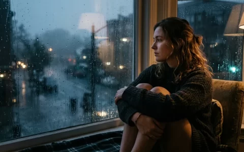 雨夜窗边环抱双膝独自沉思的戒备身影