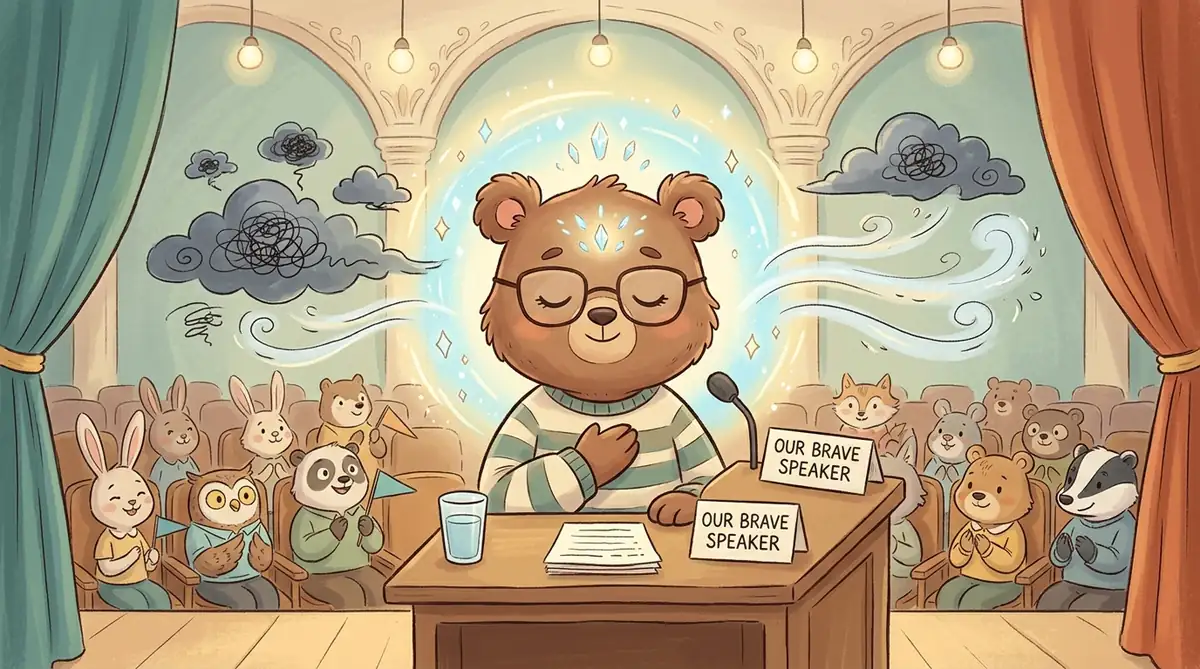 明亮现代的会议室里,一只自信沉着的小鹿站在白板前,用简洁有力的金字塔图表向专注聆听的长辈领导清晰演示方案,气氛融洽而专业