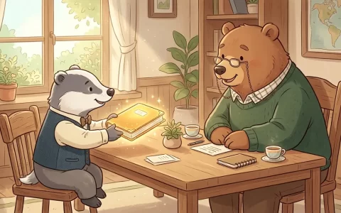 小獾身穿整洁工作背心在温馨明亮的办公室木桌前，从容向熊主管递出散发金色光芒的成果档案簿