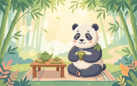 在晨光温柔穿透的竹林下，一只憨态可掬的温和大熊猫在竹茶桌旁静坐，双手捧着冒着清香的热茶，神情安详平和