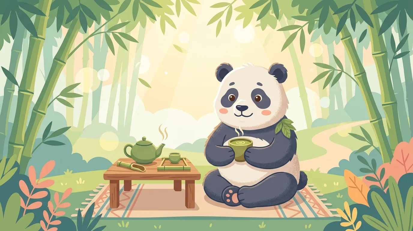 在晨光温柔穿透的竹林下，一只憨态可掬的温和大熊猫在竹茶桌旁静坐，双手捧着冒着清香的热茶，神情安详平和