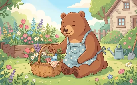 在阳光温暖的花园里，一只温柔勤劳的小熊放下沉重的竹编花篮，长舒一口气，神情轻松从容，满园繁花盛开