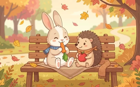 在秋叶静谧飘落的长椅上，小兔子捧着甜胡萝卜，小刺猬拿着红苹果，两者各自享受自己的喜好并相视微笑，体现尊重差异与相互理解的温暖氛围