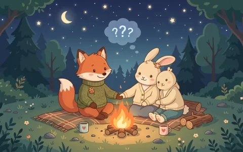 在温暖的营火旁，两只可爱卡通动物在星空下肩并肩依偎，握着温暖的手，头顶上关于爱情怀疑的问号气泡悄然消散，画面宁静、温柔而坚定
