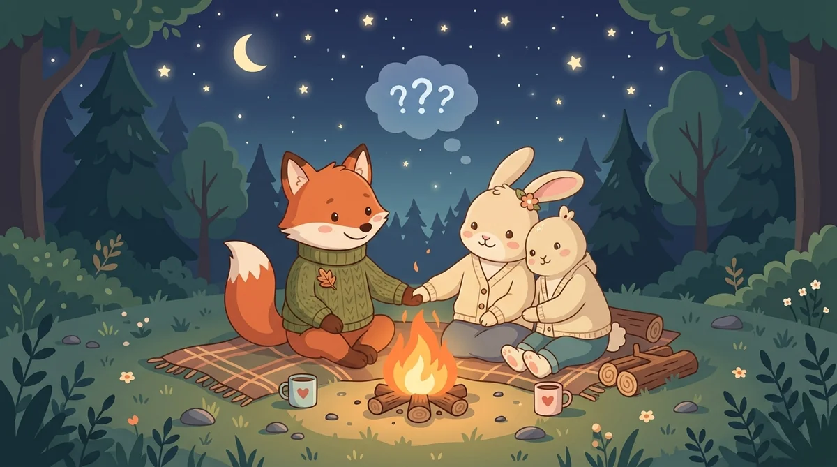 在温暖的营火旁，两只可爱卡通动物在星空下肩并肩依偎，握着温暖的手，头顶上关于爱情怀疑的问号气泡悄然消散，画面宁静、温柔而坚定