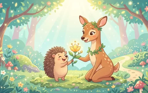 在梦幻晨光倾泻的花园里，一只温柔慈爱的鹿导师微笑着鼓励一只原本胆怯的小刺猬，小刺猬自豪地捧起自己培育出的一株金光璀璨的幼苗，展现真诚期望所唤醒的生命奇迹