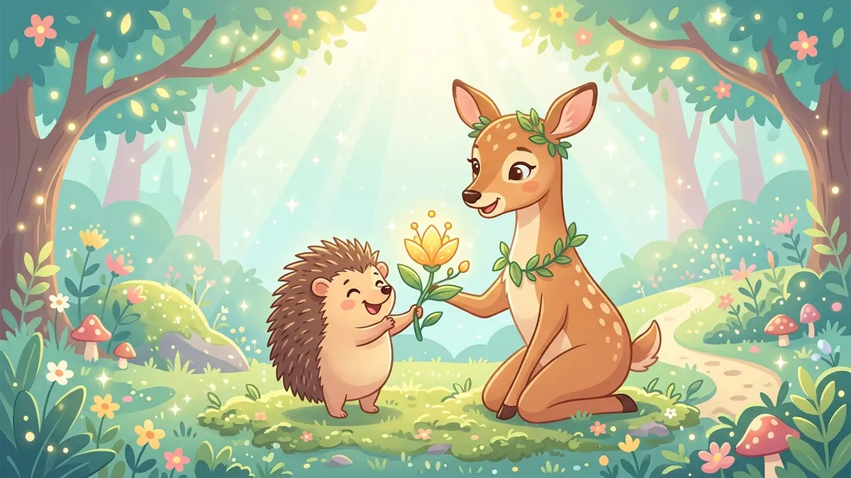 在梦幻晨光倾泻的花园里,一只温柔慈爱的鹿导师微笑着鼓励一只原本胆怯的小刺猬,小刺猬自豪地捧起自己培育出的一株金光璀璨的幼苗,展现真诚期望所唤醒的生命奇迹