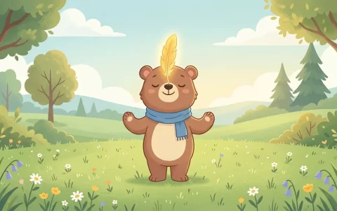 在阳光明媚温暖的青青草坪上，一只神情专注从容的小熊鼻尖稳稳平衡着一根轻盈发光的金色羽毛，脸上带着平静温和的自信微笑