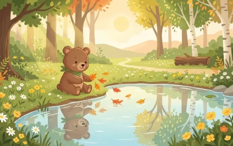 在晨光穿透森林的宁静水洼旁，小熊温和地注视水面清澈倒影，平静地放手让随波逐流的落叶漂走，展现接纳过往与自我和解的释然心境