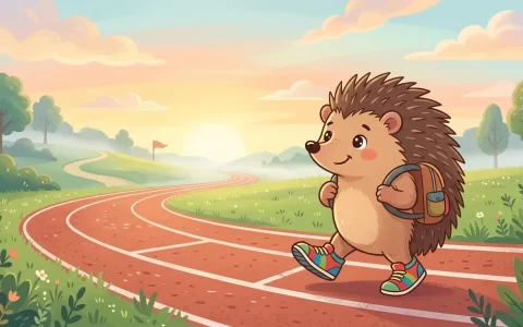 在晨光普照的开阔跑道起点，一只坚定纯真的小刺猬穿好舒适的运动鞋，勇敢迈出起跑的第一步，神情充满全心以赴的坦然与希望