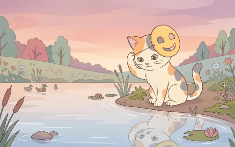 在落日晚霞温柔倒映的湖畔，一只勇敢纯真的小猫轻轻摘下脸上画着笑脸的面具，在清澈的水面上接纳自己平静真实的容颜，神情坦荡释然