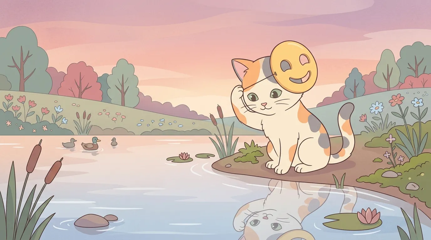 在落日晚霞温柔倒映的湖畔，一只勇敢纯真的小猫轻轻摘下脸上画着笑脸的面具，在清澈的水面上接纳自己平静真实的容颜，神情坦荡释然
