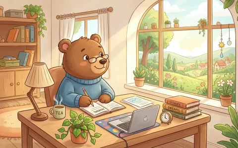 在明亮温暖的书房窗前，一只戴着眼镜的可爱小熊专注地在笔记本上记录心得，阳光洒在桌上的绿植与热茶上，窗外是开阔明朗的田园风光，神情宁静自信