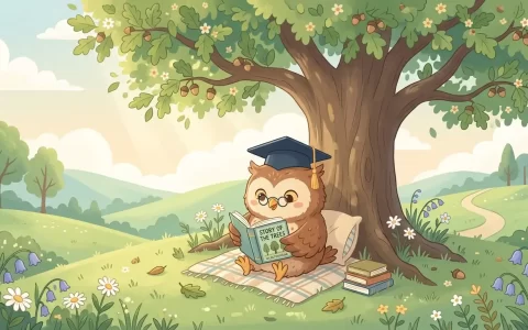 在绿草如茵的小山坡上，一只戴着学士帽和眼镜的温和猫头鹰在老橡树下安静阅读，神情从容平和，阳光穿透树叶洒在大地上